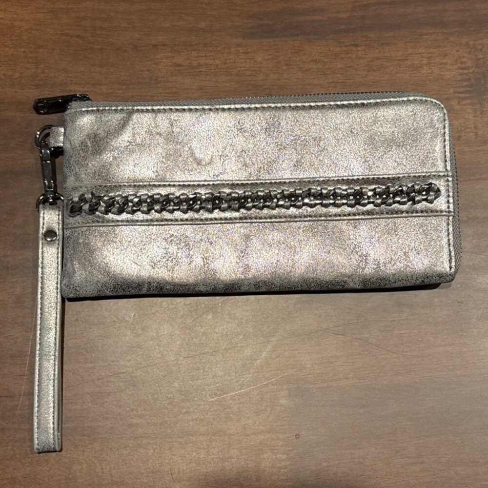 Vegan Metallic Silver Wristlet Wallet Chain Detail & Multiple Compartments